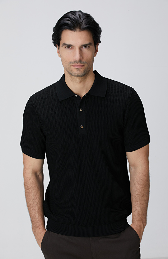 Siyah Polo Yaka Düğmeli Triko Kazak