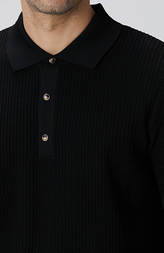 Siyah Polo Yaka Düğmeli Triko Kazak