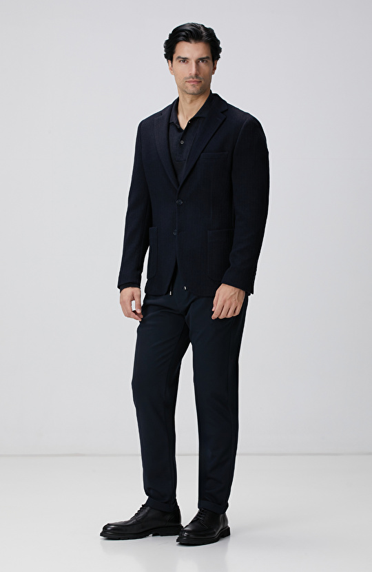 Lacivert Polo Yaka Keten Karışımlı Triko Kazak