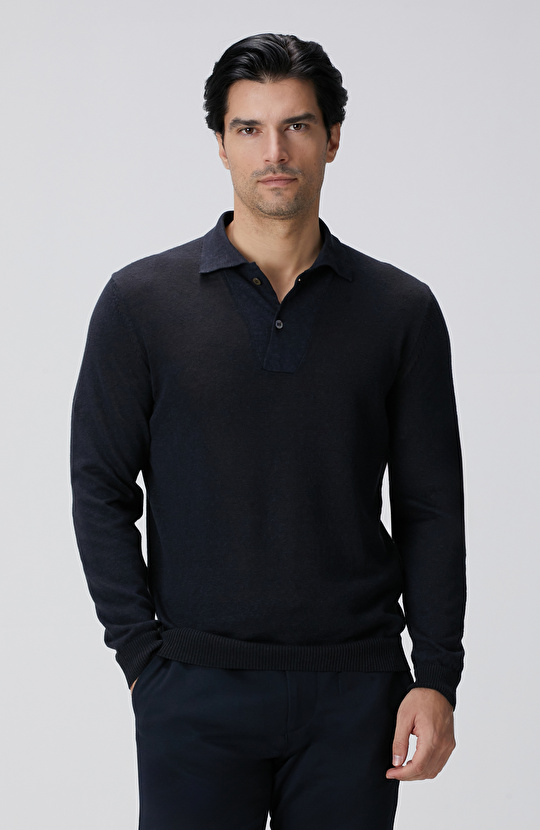 Lacivert Polo Yaka Keten Karışımlı Triko Kazak