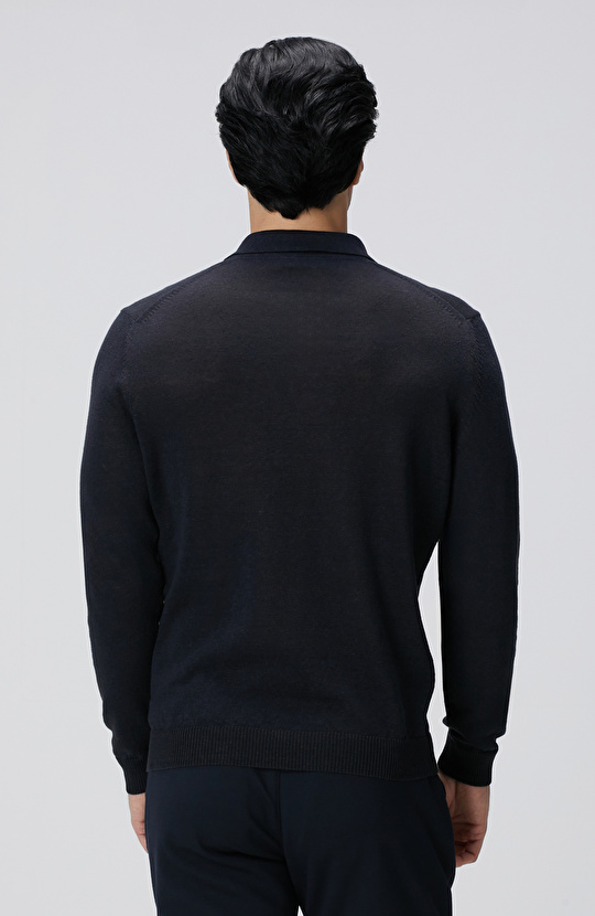 Lacivert Polo Yaka Keten Karışımlı Triko Kazak