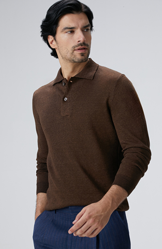 Kahverengi Polo Yaka Keten Karışımlı Triko Kazak