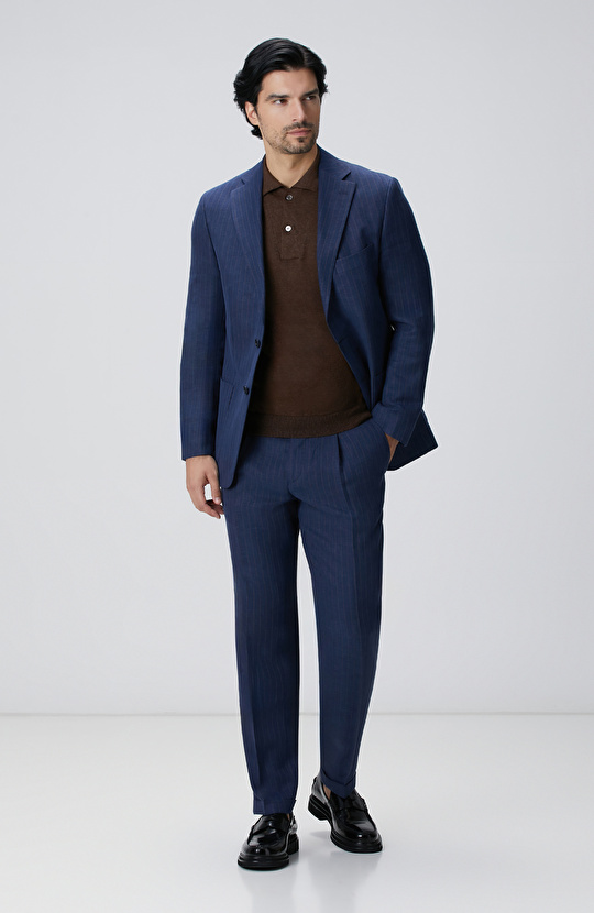 Kahverengi Polo Yaka Keten Karışımlı Triko Kazak