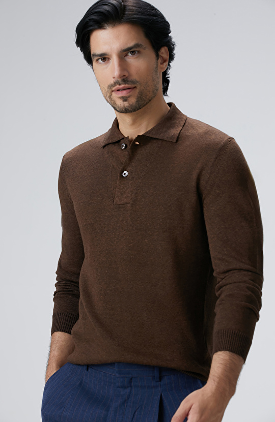 Kahverengi Polo Yaka Keten Karışımlı Triko Kazak
