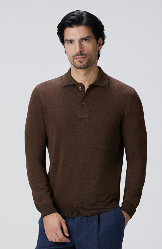 Kahverengi Polo Yaka Keten Karışımlı Triko Kazak