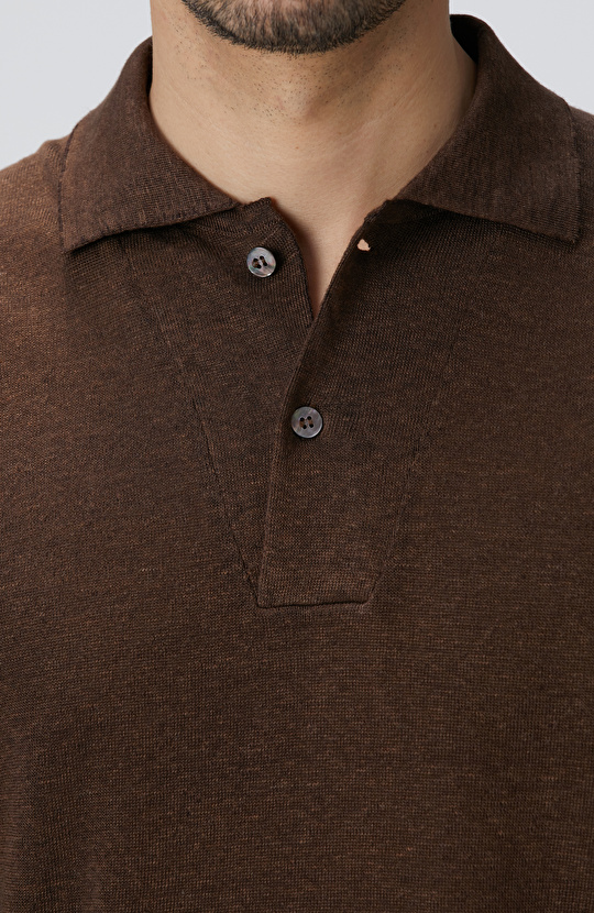 Kahverengi Polo Yaka Keten Karışımlı Triko Kazak