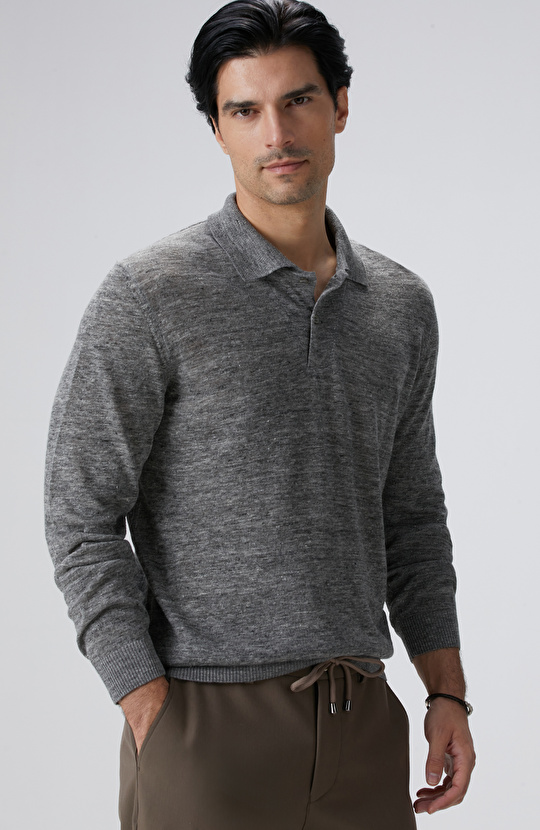 Gri Melanj Polo Yaka Keten Karışımlı Triko Kazak