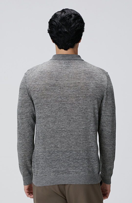 Gri Melanj Polo Yaka Keten Karışımlı Triko Kazak