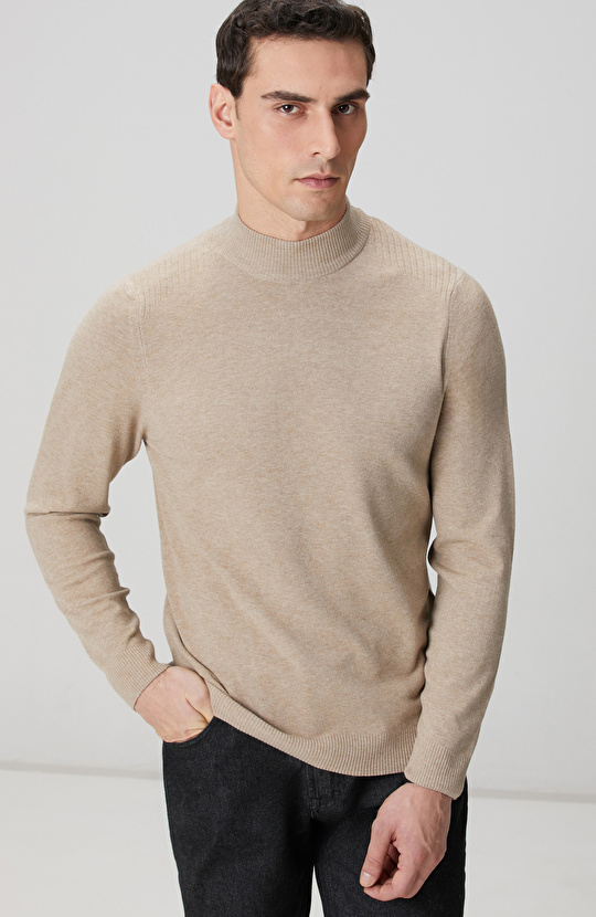 Bej Yarım Balıkçı Yaka Kazak