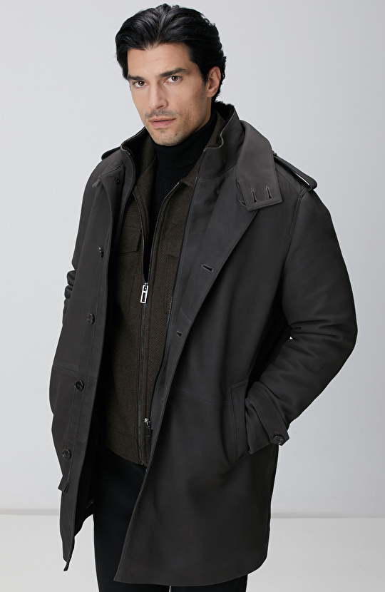 Kahverengi Yakası Kürklü Deri Kaban