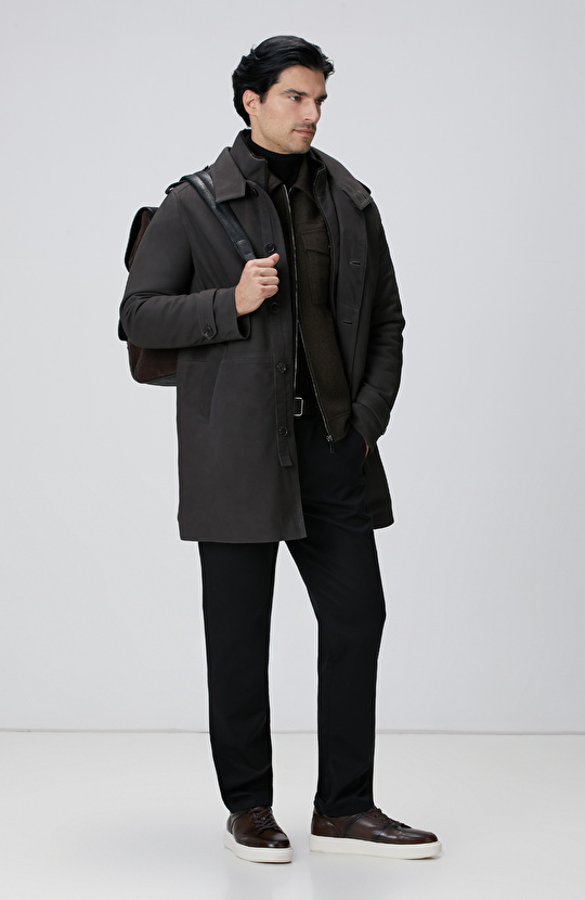 Kahverengi Yakası Kürklü Deri Kaban