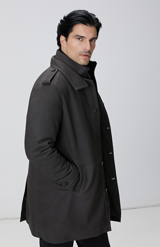 Kahverengi Yakası Kürklü Deri Kaban