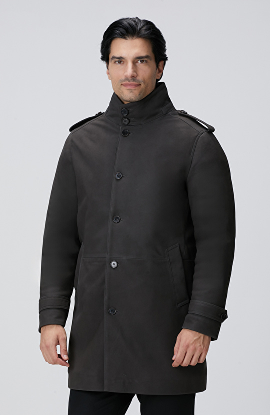 Kahverengi Yakası Kürklü Deri Kaban