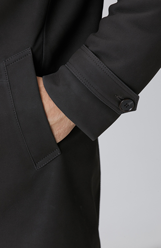 Kahverengi Yakası Kürklü Deri Kaban