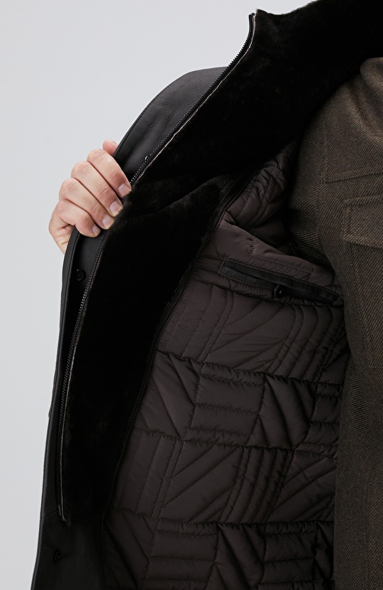 Kahverengi Yakası Kürklü Deri Kaban