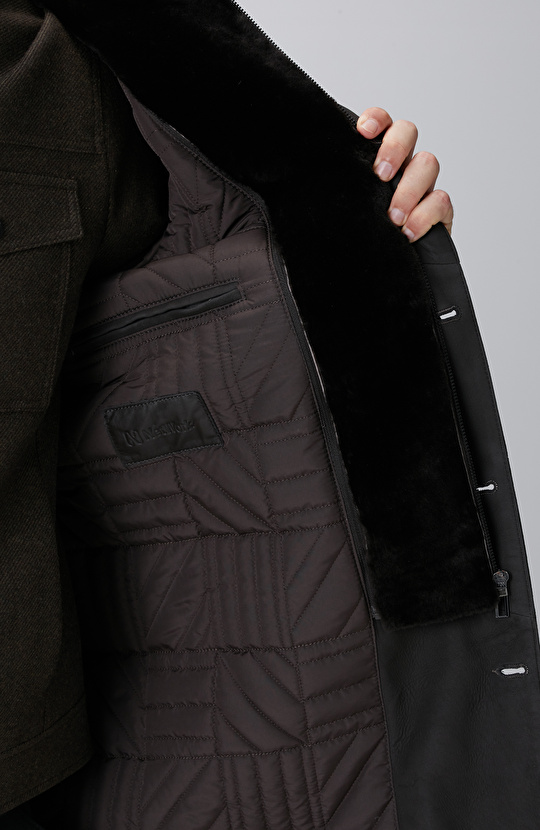 Kahverengi Yakası Kürklü Deri Kaban