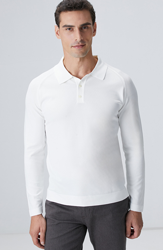 Kırık Beyaz Polo Yaka Triko Kazak