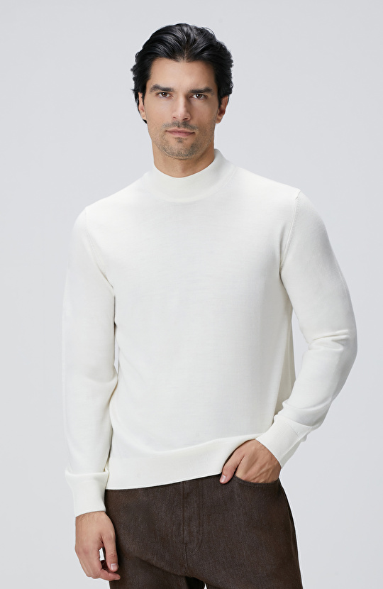 Beyaz Yün Karışımlı Kazak