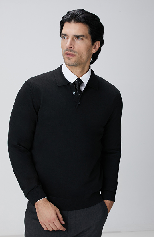 Siyah Yün Karışımlı Triko Kazak