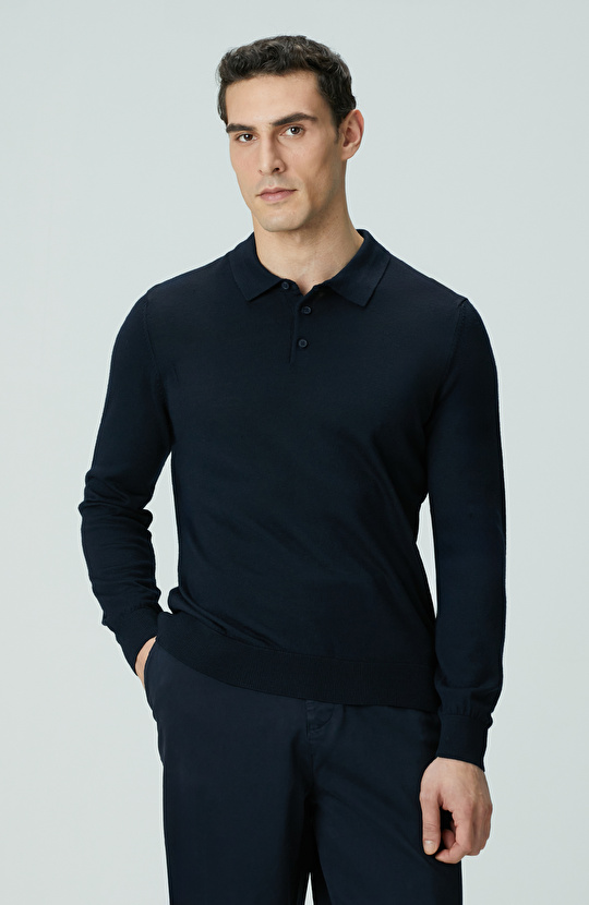 Lacivert Polo Yaka Yün Karışımlı Triko Kazak