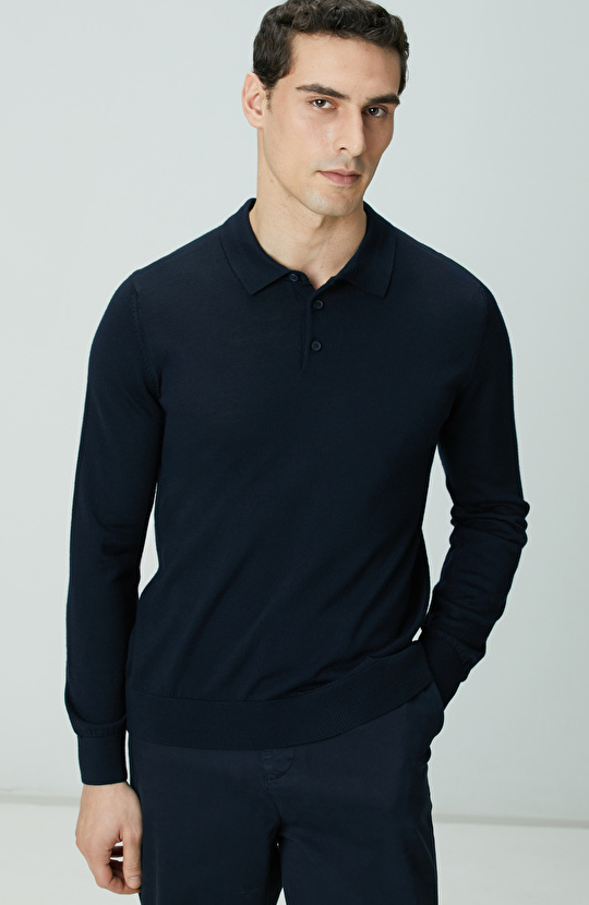 Lacivert Polo Yaka Yün Karışımlı Triko Kazak
