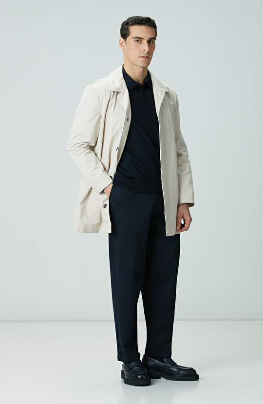 Lacivert Polo Yaka Yün Karışımlı Triko Kazak