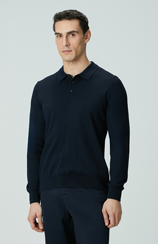 Lacivert Polo Yaka Yün Karışımlı Triko Kazak