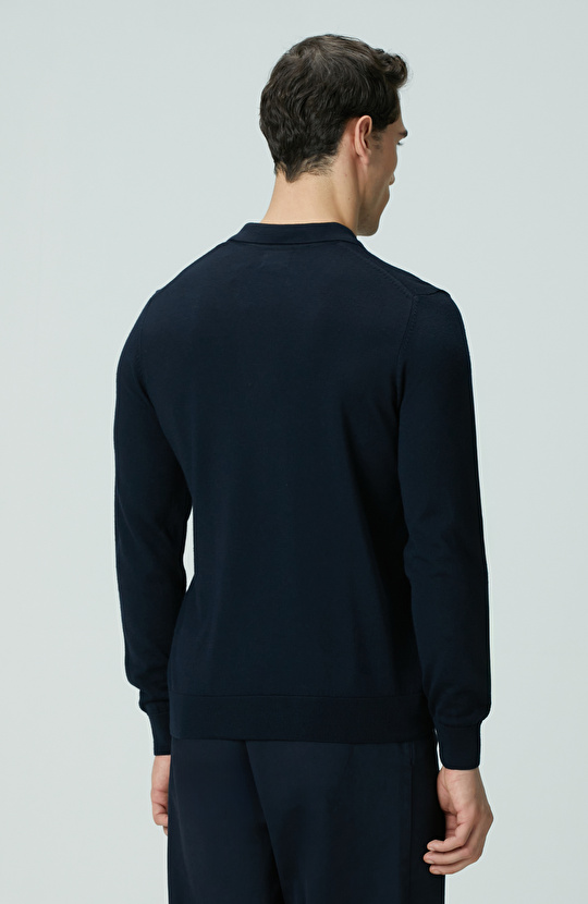 Lacivert Polo Yaka Yün Karışımlı Triko Kazak