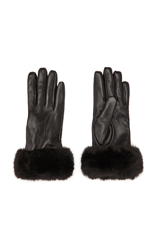 Siyah Kadın Deri Karışımlı Eldiven