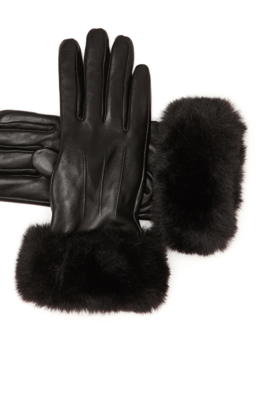 Siyah Kadın Deri Karışımlı Eldiven