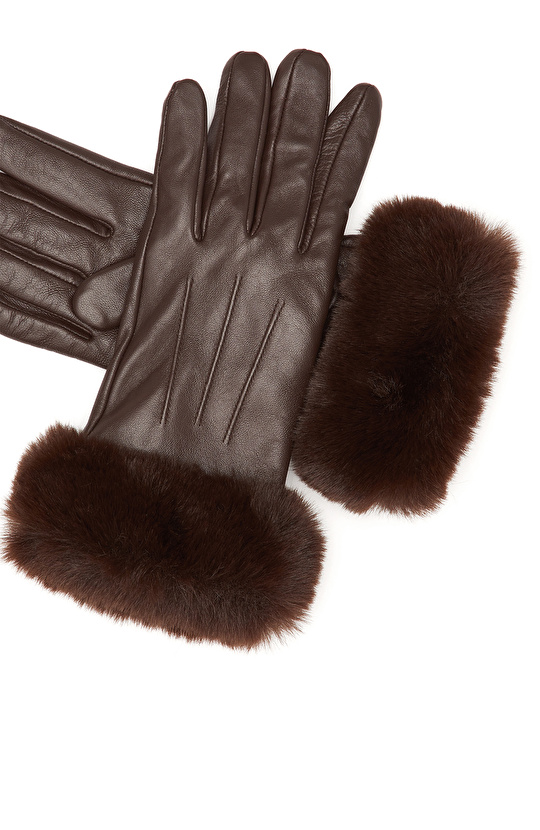 Kahverengi Kadın Deri Karışımlı Eldiven