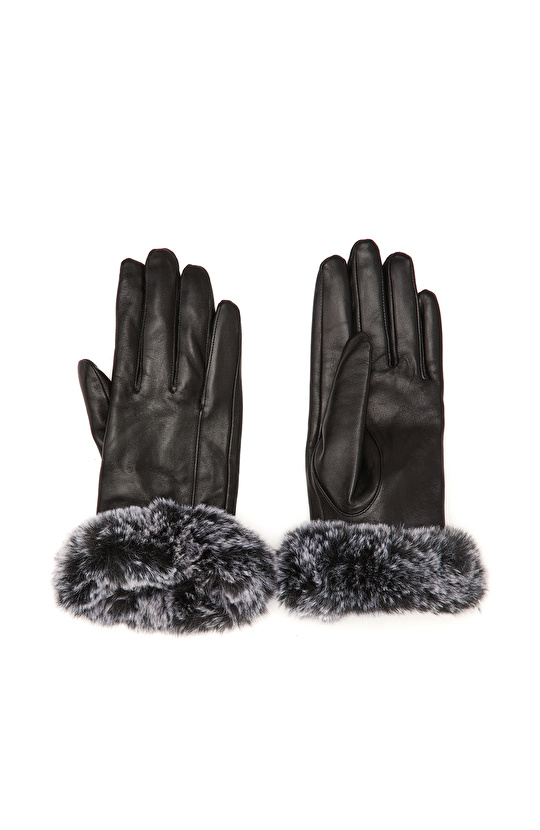 Siyah Kadın Deri Karışımlı Eldiven