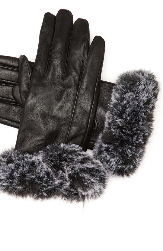 Siyah Kadın Deri Karışımlı Eldiven