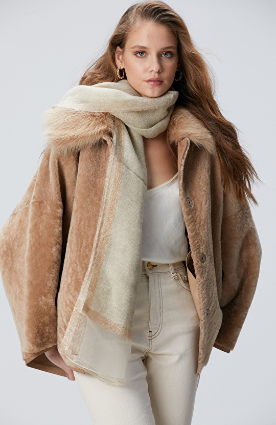 Gold Altın Rengi Yün İpek Karışımlı Kadın Fular