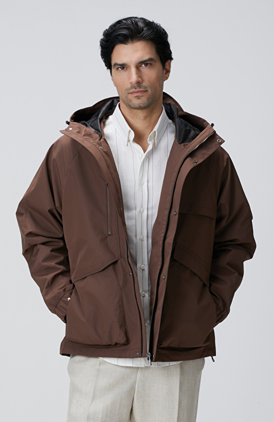 Kahverengi Kapüşonlu İnce Mont