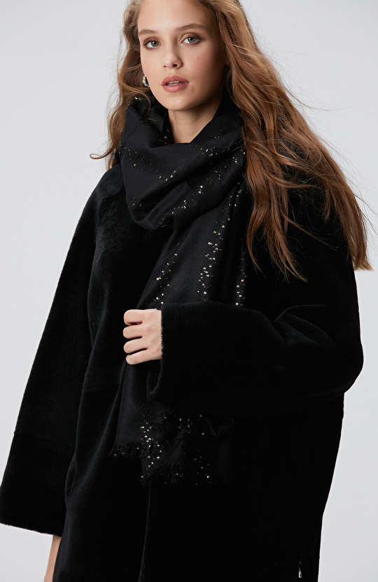 Siyah Yün Karışımlı Kadın Fular