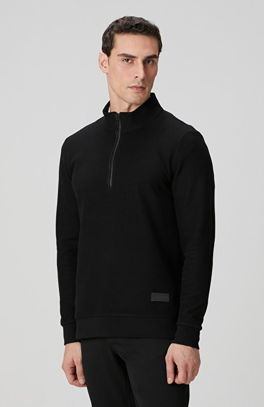 Siyah Dik Yaka Fermuarlı Sweatshirt