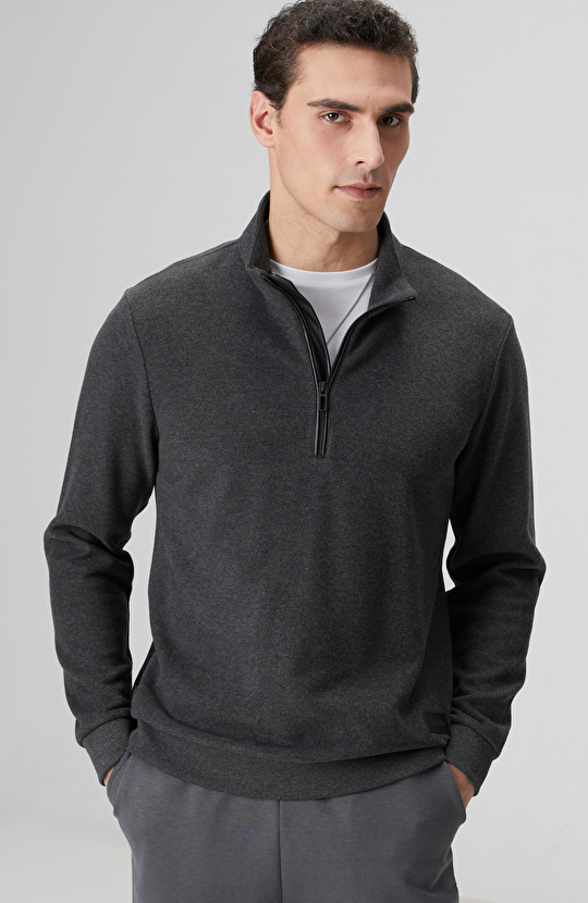 Antrasit Dik Yaka Fermuarlı Sweatshirt