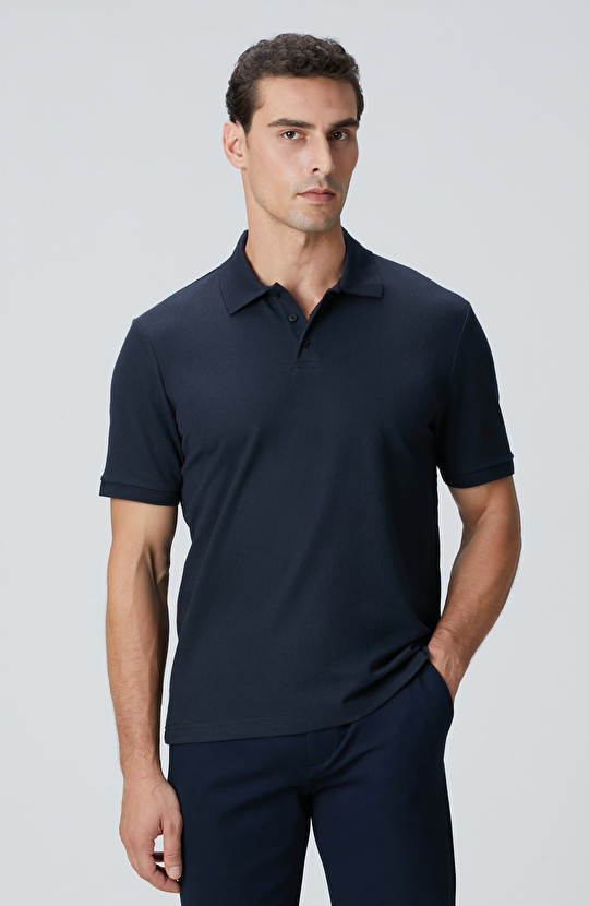 Lacivert Polo Yaka Düğmeli Jakarlı T-shirt