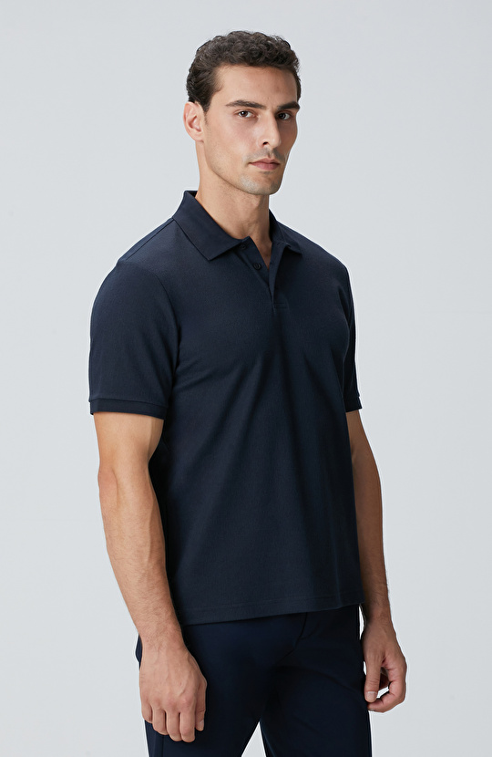 Lacivert Polo Yaka Düğmeli Jakarlı T-shirt