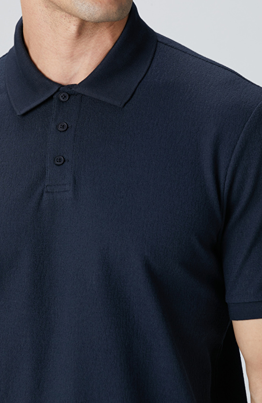 Lacivert Polo Yaka Düğmeli Jakarlı T-shirt