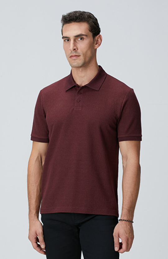 Bordo Polo Yaka Düğmeli Jakarlı T-shirt