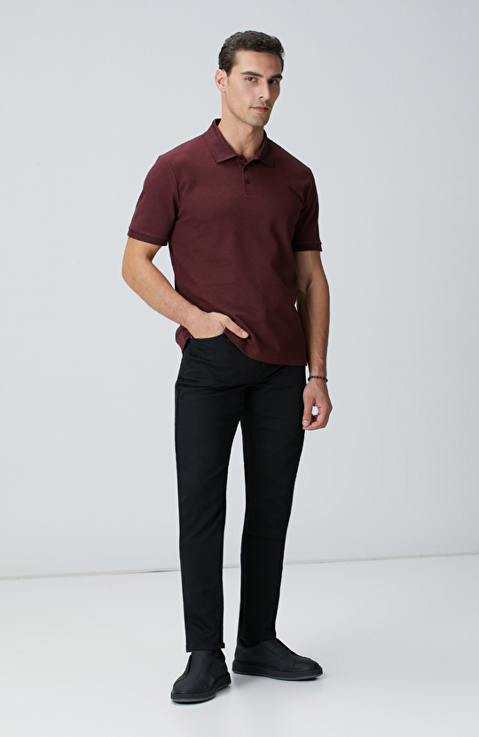 Bordo Polo Yaka Düğmeli Jakarlı T-shirt
