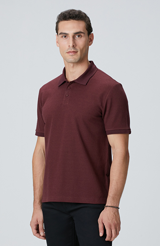 Bordo Polo Yaka Düğmeli Jakarlı T-shirt