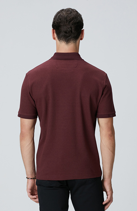 Bordo Polo Yaka Düğmeli Jakarlı T-shirt