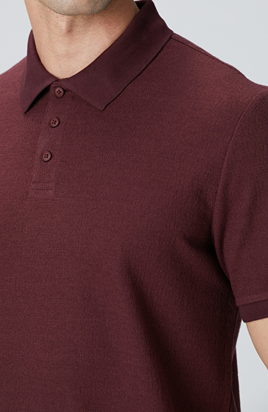 Bordo Polo Yaka Düğmeli Jakarlı T-shirt
