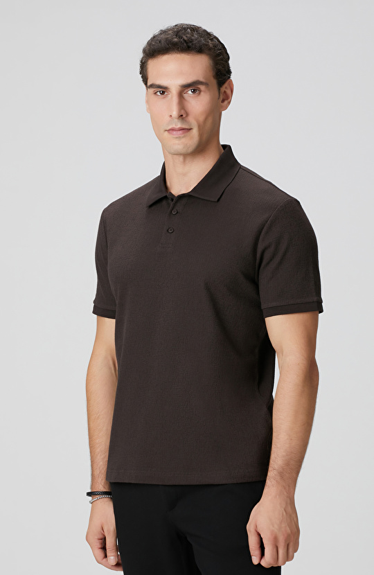 Kahverengi Polo Yaka Düğmeli Jakarlı T-shirt