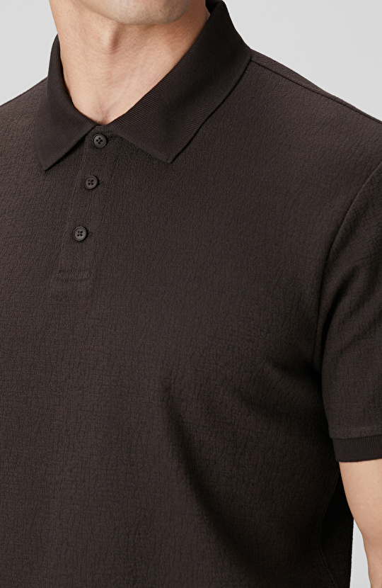 Kahverengi Polo Yaka Düğmeli Jakarlı T-shirt
