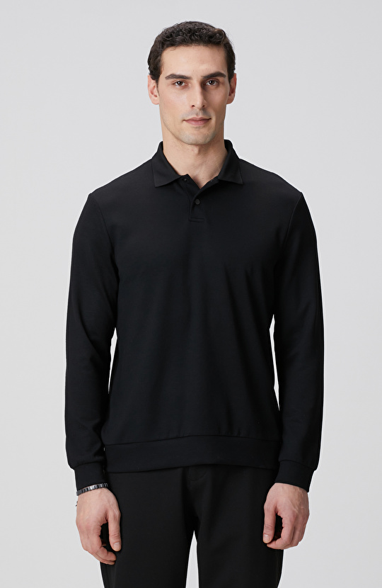 Siyah Polo Yaka Çıtçıtlı Sweatshirt