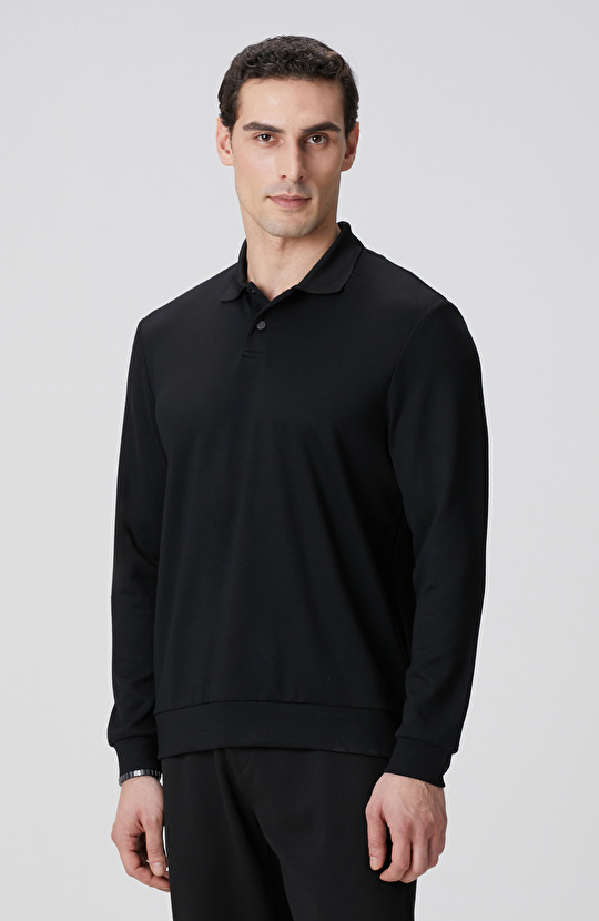 Siyah Polo Yaka Çıtçıtlı Sweatshirt